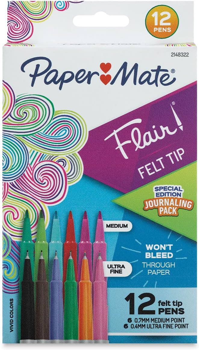 Papermate Flair Felt Tip Pen Set, Journaling Pack, Assorted Colors, Set of 12 - Image 1